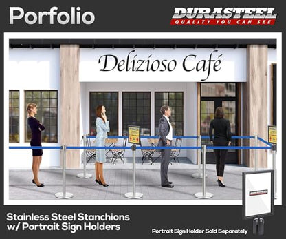 DuraSteel Chrome Crowd Control Barriers Stanchions with Retractable Belts - Metal Stanchion Posts w/ 6.5ft Blue Retractable Barrier Belt Ropes - Queue VIP Safety Line Dividers - Set of 2 Stantions - color: Blue Belt, style: Silver Stanchion 2 Pcs Set