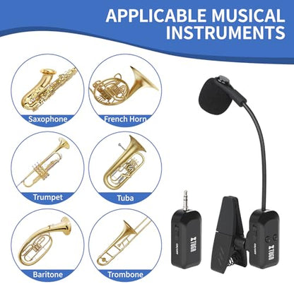 XTUGA Wireless Saxophone Microphone System 2.4G Rechargeable Clip-On Wireless Instrument Microphone, Trumpet, Trombone Brass, 6 Hours Battery (KX-721-2)