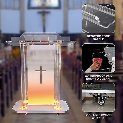 Church Pulpit with Hollow Cross Design,Church Podium,Acrylic Podium with Wheels& Vertical Reading Platform, 46”Transparent Lecterns for Churches,Classroom and Weeding - style: StyleB