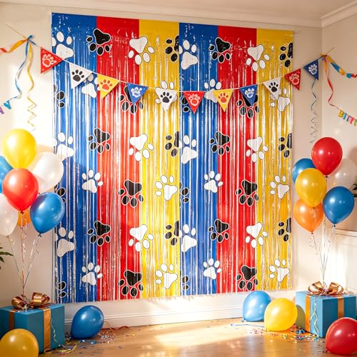 Paw Print Foil Fringe Curtains Backdrop | 2-Pack 3.3x6.6FT Dog Paw Tinsel Backdrop, Pet Streamer Birthday, Puppy Party, Baby Shower, Pet Party & Family Celebration - color: Red Blue Yellow