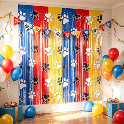 Paw Print Foil Fringe Curtains Backdrop | 2-Pack 3.3x6.6FT Dog Paw Tinsel Backdrop, Pet Streamer Birthday, Puppy Party, Baby Shower, Pet Party & Family Celebration - color: Red Blue Yellow