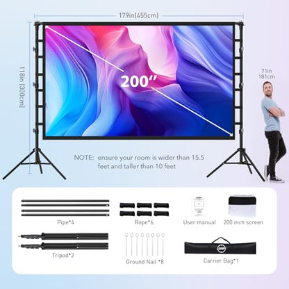 200 Inch Outdoor Projector Screen with Stand, Portable Large Screen | 200-inch giant projector screen with heavy-duty 32mm steel frame, dual side projection, portable carry bag for outdoor use