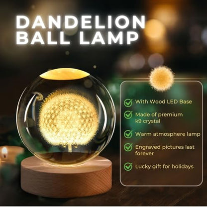 Flexzion 3D Dandelion Crystal Ball Night Light - LED Light Hologram Glass Lamp with Solid Wood Base, USB Powered Crystal Ball Lamp with Adjustable Brightness for Home Decor Display Gift, 2.4inch(60mm) | Dandelion Lamp with Solid Beech Wood Base and Adjust