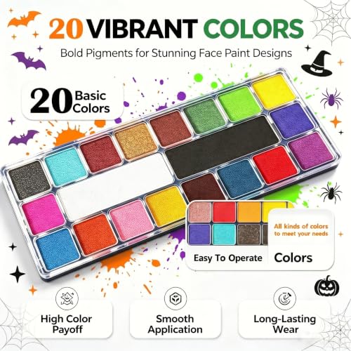 Face Paint,20 Colors Face Paint - Face Painting Kit,Water Based Face Painting Kit for Kids Party with 10 Brushes 5 Sticker Stencils and Paint Tray, Body Paint for Kids and Adults Halloween Makeup