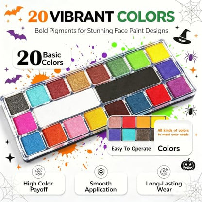 Face Paint,20 Colors Face Paint - Face Painting Kit,Water Based Face Painting Kit for Kids Party with 10 Brushes 5 Sticker Stencils and Paint Tray, Body Paint for Kids and Adults Halloween Makeup