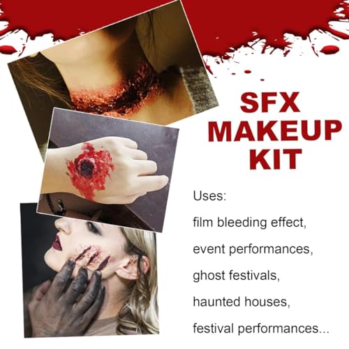 Halloween Fake Blood SFX Makeup Kit – 7PCS Special Effects Set with Fake Blood Spray, Liquid Latex+Scar Wax+Fake Blood Gel+Spatula Tool & 2 Stipple Sponges – Vampire Zombie Makeup Kit for Face & Body - color: # 7PCS SFX Makeup Kit