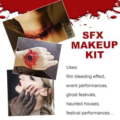 Halloween Fake Blood SFX Makeup Kit – 7PCS Special Effects Set with Fake Blood Spray, Liquid Latex+Scar Wax+Fake Blood Gel+Spatula Tool & 2 Stipple Sponges – Vampire Zombie Makeup Kit for Face & Body - color: # 7PCS SFX Makeup Kit
