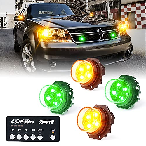 Xprite Amber Green LED Hideaway Strobe Lights Kit, 20 Flash Modes w/Control Panel Headlights Taillights Fog Light Interior Mounting for Construction Towing Snow Plow Pickup Work Trucks Cars 4 PCS - color: Amber Green, size: 4 pcs