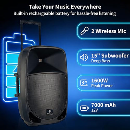 Portable 15" 1600W 2-Way Rechargeable Powered Dj PA Speaker System with Bluetooth, Rechargeable Battery, 2 Wireless Mics, USB, SD, FM Radio, Remote & Speaker Stand for Parties, Events, gigs, Outdoor - size: 15 inch