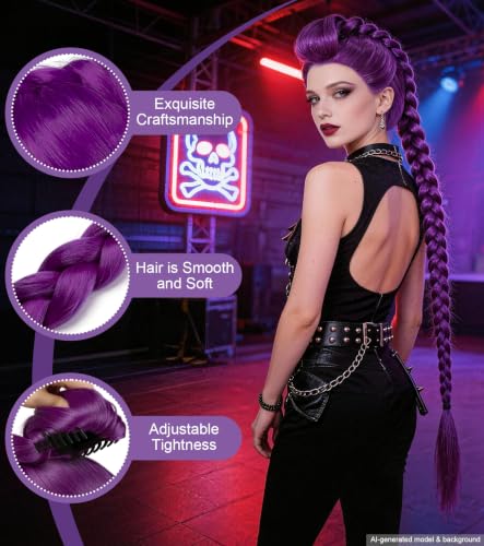 43.3 Inch Purple Braided Ponytail Wig for Adults, Anime Cosplay Extension | Long hot pink synthetic wig for adults, ideal for anime cosplay, Halloween, carnival, costume parties and dress-up - color: Deep Purple