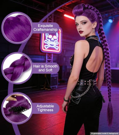 43.3 Inch Purple Braided Ponytail Wig for Adults, Anime Cosplay Extension | Long hot pink synthetic wig for adults, ideal for anime cosplay, Halloween, carnival, costume parties and dress-up - color: Deep Purple