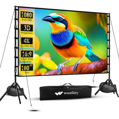 Wootfairy 180inch Outdoor Projector Screen with Stand Portable Wrinkle-Free | 16:9 4K HD Front Rear Foldable Large Projection Movie Screen with Carry Bag for Backyard Family Theater Live Sports Night