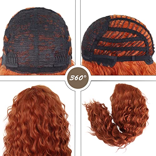 Long Ginger Red Curly Wig Merida Costume Fluffy Waves Free Part Hairline - color: Red