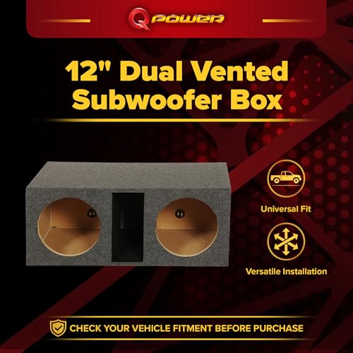 Q Power HD212VL 12 Inch Dual Vented Subwoofer Box, Heavy Duty 2-Hole Extra Large Ported Enclosure with 1-Inch MDF Front, Charcoal Grey Finish - style: Vented - Extra Large