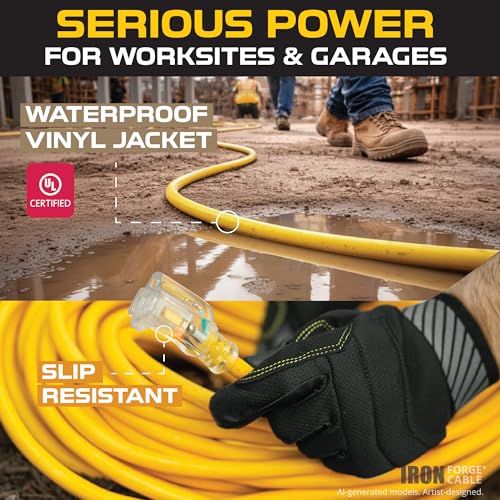 Iron Forge Cable 50 Foot Lighted Outdoor Extension Cord with 3 Electrical Power Outlets - 12/3 SJTW Heavy Duty Yellow Extension Cable with 3 Prong Grounded Plug for Safety, 15 AMP - size: 50 ft