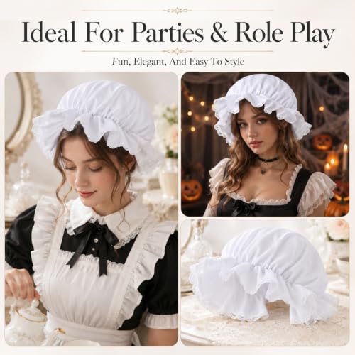 White Bonnet Mob Cap Accessory - Colonial Peasant Amish Hat, Grandma Night Bonnet Nightcap Prairie Cap Halloweens Costume Bonnets Maid Cosplay Costume Accessory for Maid Girls and Women