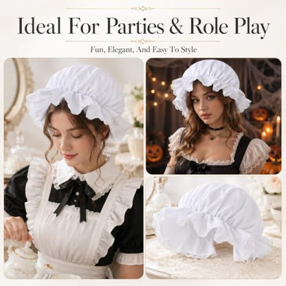 White Bonnet Mob Cap Accessory - Colonial Peasant Amish Hat, Grandma Night Bonnet Nightcap Prairie Cap Halloweens Costume Bonnets Maid Cosplay Costume Accessory for Maid Girls and Women