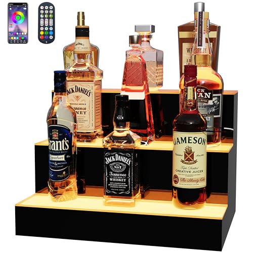 MESAlLUP 16 Inch 3 Tier Lighted Liquor Bottle Display Shelf, LED Bar Shelves with APP or Remote Control, Mulit Color Lighting for Home Mini Bars Decor, Restaurants & Party Use, Acrylic Stand - size: 3 Tiers 16 inches