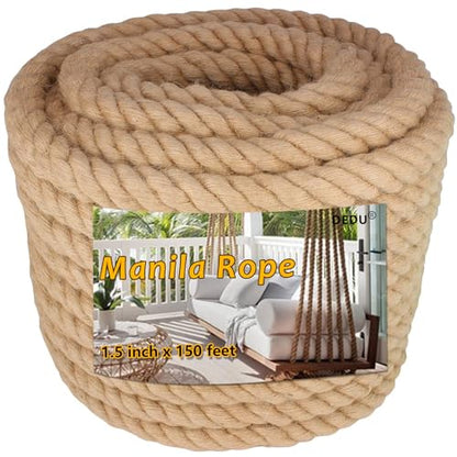 Manila Rope 1.5 Inch X 150 Ft, Natural Hemp Rope 4 Strand Twisted, Large Thick Heavy Duty Multipurpose for Swing Bed, Camping, Tug of War, Docks, DIY Projects. - size: 150 feet, style: 1.5 inch