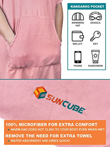 SUN CUBE Surf Poncho Changing Robe with Hood, Wetsuit Changing Hooded Towel | Thick Quick Dry Microfiber, Wetsuit Changing Towel, Surfing Beach Swim Outdoor Sports Cover Up, Adult Wearable Poncho - color: Pink