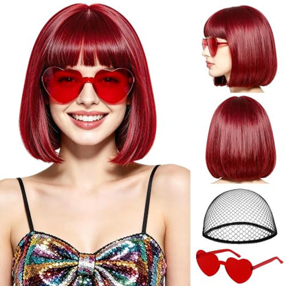 Short Bob Straight Hair Wigs with Bangs, Synthetic Fiber Colorful Hair, Heart-shaped Sunglasses for Women (Burgundy) - color: Burgundy