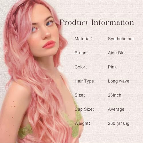 Aida ble Long Pink Wavy Wig for Women 26inch Middle Part Synthetic Wig | Natural Looking Heat Resistant Hair,Suit for Daily Wear,Party,Halloween and Cosplay,Beginner-friendly,Lightweight and soft - color: Pink