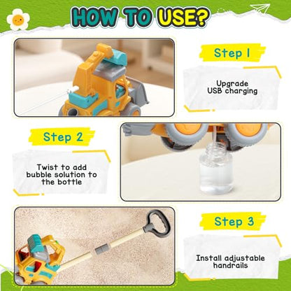 Bubble Machine for Kids 3-6, Construction Truck Bubble Lawn Mover | 2-In-1 Handheld Push, Automatic Bubble Blower With Led Lights, USB Rechargeable, Bubbles Toy for Kids Boy Girl 3-6 Year Old