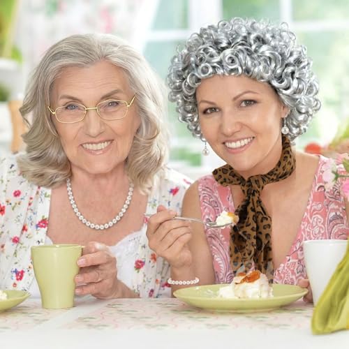 8pcs Old Lady Wig Costume Set for Halloween Party | 100th Days of School Costume, Gray Hair Wig, Pearl Necklace, Glasses, Glasses Chain, Bracelet, Bandana, Earrings, Hair Net
