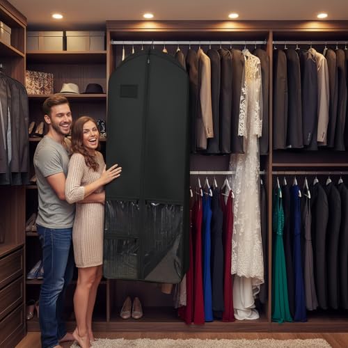 72" Long Wedding Dress Garment Bag with 10" Gusset, Bridal Gown Storage Cover with 4 Pockets, Dress Bag for Women Gowns,Prom,Ballgowns, (Black and Clear) - color: Black and Clear