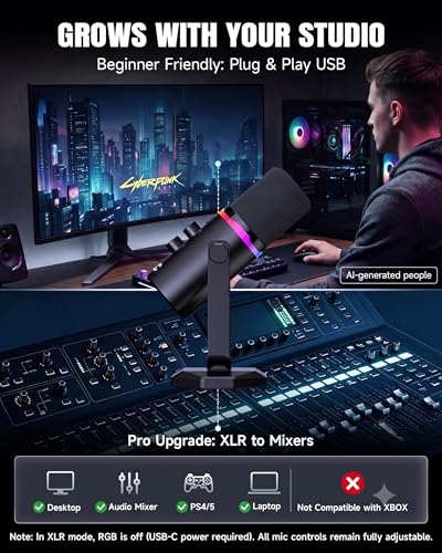 AOC USB/XLR Dynamic Microphone for PC Gaming, Podcast & Recording, Dual-Mode RGB Mic& Streaming Vocal Gear with Heavy-Duty Desk Stand, Clicky Mute, 7.5ft USB & 6.5ft XLR Cables Included