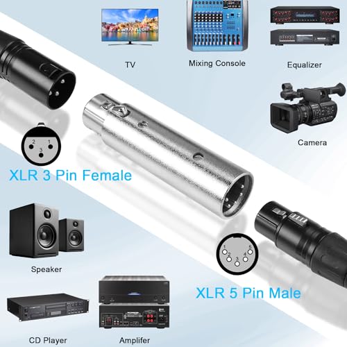 QIANRENON 5Pin XLR to 3Pin XLR DMX Converter Adapter - Male to Female Audio Connector, for DMX Stage Lighting & Microphone - style: 5M-3F