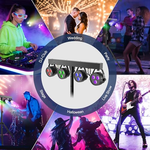 Stage Lights with Stand 120W, Professional DJ Lights Package, RGBW LED 4-Par Gigbar with DMX & Sound-Activated Stage Lighting System for DJs Band Party Wedding Church & Concert, 7FT Tripod