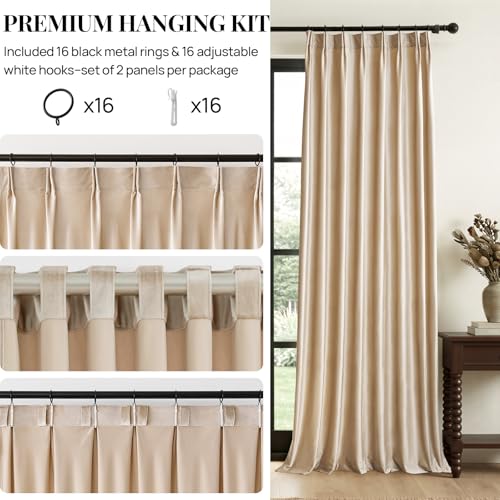 Beige Champagne Velvet Curtains 84 Inch: Pinch Pleated 2 Panels Luxury Living Room Darkening Thermal Insulated Drape with Hooks- Elegant Soundproof Noise Reducing Back Tab Window Curtain for Bedroom - color: Pinch Pleated | Beige/Champagne, size: 40"W x 8