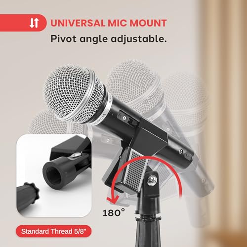 Pyle Adjustable Height Microphone Stand, 36.2" - 63.7” Inches Universal Mic Holder, Compact Design, Sturdy and Lightweight, Ideal for Studio and Concerts, With Mic Clip, Rubber Base (Black)