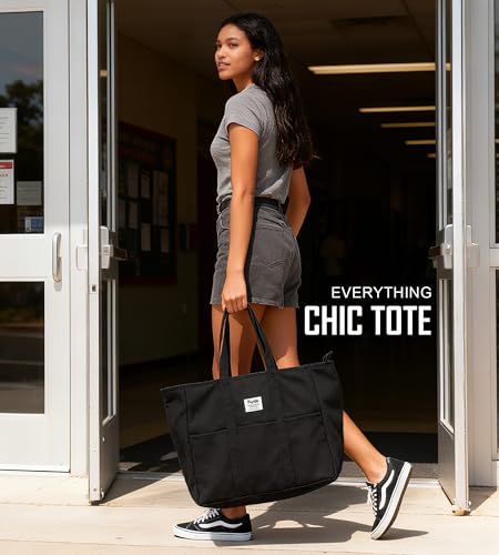 Bagelite Extra Large Canvas Tote Bag for Women Men, Utility Work Bags with Zipper - color: Black