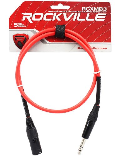 Rockville RCXMB3-R Red 3' Male REAN XLR to 1/4" TRS Cable, 100% Copper | Patch Cable, Balanced Audio, Nickel Plated, 24 AWG OFC, 90% Spiral Shield, EMI/RFI Rejection, Flexible, Low Noise - color: RED