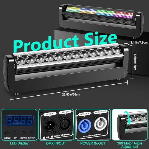 Moving Head DJ Light Bar,250W 4IN1 RGBW Wash&Strobe Light Bar 360° Double-Sided Moving Head Stage Lights with DMX512/Sound/RDM Professional DJ Uplights for Party Wedding Band Gig Disco 1Pack