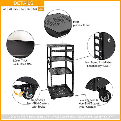 RIVECO 25U Network Rack with Reinforced Top Cover - 4 Post Floor Rack on Wheels for 19" Equipment & Stereo Gear- Including Mount Power Strip & 2PCS 1U Shelves - size: 25U