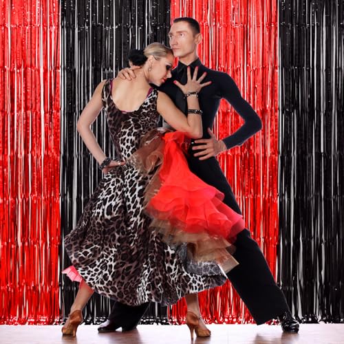 LOLStar Casino Party Decorations, 3 Pack Red and Black Birthday Party Supplies 3.3 x 6.6ft Tinsel Foil Fringe Curtains Photo Booth Props Backdrop Streamers, Decor for Vegas Poker Party