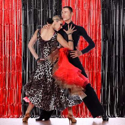 LOLStar Casino Party Decorations, 3 Pack Red and Black Birthday Party Supplies 3.3 x 6.6ft Tinsel Foil Fringe Curtains Photo Booth Props Backdrop Streamers, Decor for Vegas Poker Party