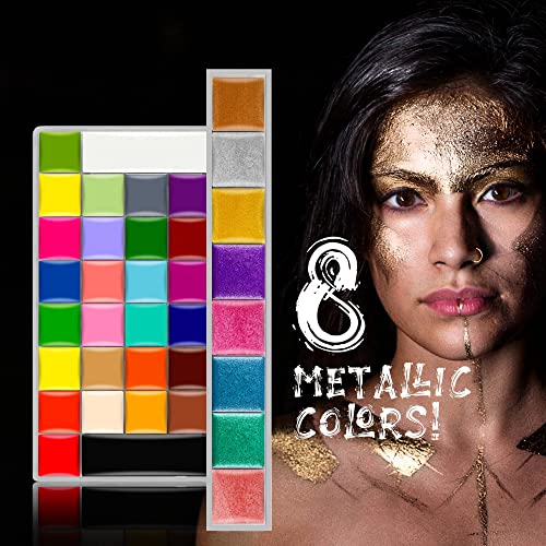 CCbeauty 36 Colors Face Paint,Professional Face Painting Kit,Neon Body Paint Palette Kit,Non-Toxic Special Effect SFX Makeup Kit,Halloween Costume Cosplay For Adult,Translucent Loose Powder,10 Brushes - color: 36 Colors With Loose Powder And 10 Brushes