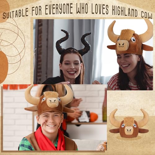 Highland Cow Head Plush Hat for Women Highland Cow Gift | Soft Plush Headwear with Horns, Ears, Halloween Themed Parties, Dress up Accessories, Photo Booth Fun, Unique Gift Idea