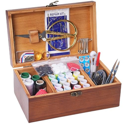 Wooden Sewing Kit Box, Wooden Sewing Box with Sew Kit Accessories | Sewing Repair Kit Sewing Basket, Basic Sewing Kit for Adults, Beginner Universal Home Sewing Repair Tool Kit Sewing Set - color: Retro Dandelion