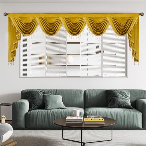 Stately Yellow Velvet Valance 138" Wide, Waterfall Swag with Intricate Beaded Trim, Luxurious Curtains for Wedding Venues, Events & Open Concept Spaces - color: Gold, size: 138"W x 43"L (Pack of 1)
