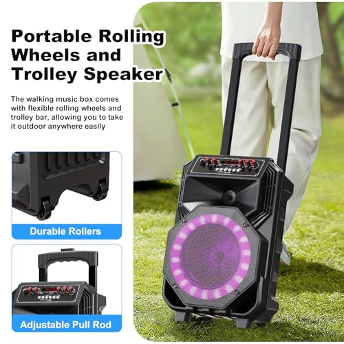 Karaoke Machine with 2 Wireless Microphones, Rolling Wheels and Trolley | 8800mAh Portable Bluetooth Speaker, PA System with Lights, Adjustable Bass/Treble/Echo for Parties, Indoor and Outdoor Use