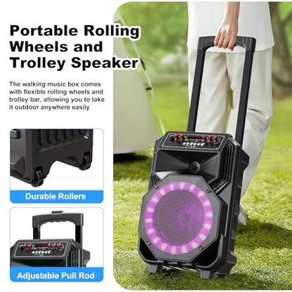 Karaoke Machine with 2 Wireless Microphones, Rolling Wheels and Trolley | 8800mAh Portable Bluetooth Speaker, PA System with Lights, Adjustable Bass/Treble/Echo for Parties, Indoor and Outdoor Use