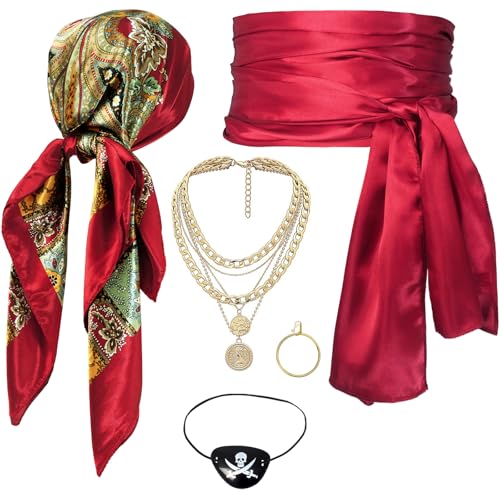 Women Pirate Costume Accessories Set|Headscarf Wrap Hat Sash Belt Cosplay Outfit With Stainless Steel Earring Necklace - style: 5 Pcs Pirate Set - Red