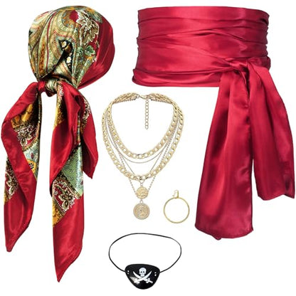 Women Pirate Costume Accessories Set|Headscarf Wrap Hat Sash Belt Cosplay Outfit With Stainless Steel Earring Necklace - style: 5 Pcs Pirate Set - Red