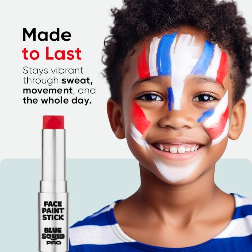 Blue Squid PRO Red White Blue Face Paint Stick - Waterproof Body Paint For Adults & Kids Eye Black Baseball, Eyeblack Softball - Hypoallergenic Twist-Up Non-Toxic Makeup Stick - Cosplay, Sports & SFX - color: Red, White & Blue