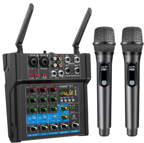 Aveek 150W x2 Powered Amplifier Audio Mixer, 4 Channel with 2 Wireless Mics | Bluetooth/USB MP3 Player, PC Recording,48V Phantom Power Supply Stereo Console DJ Mixing for Karaoke Party,Podcast, Streaming